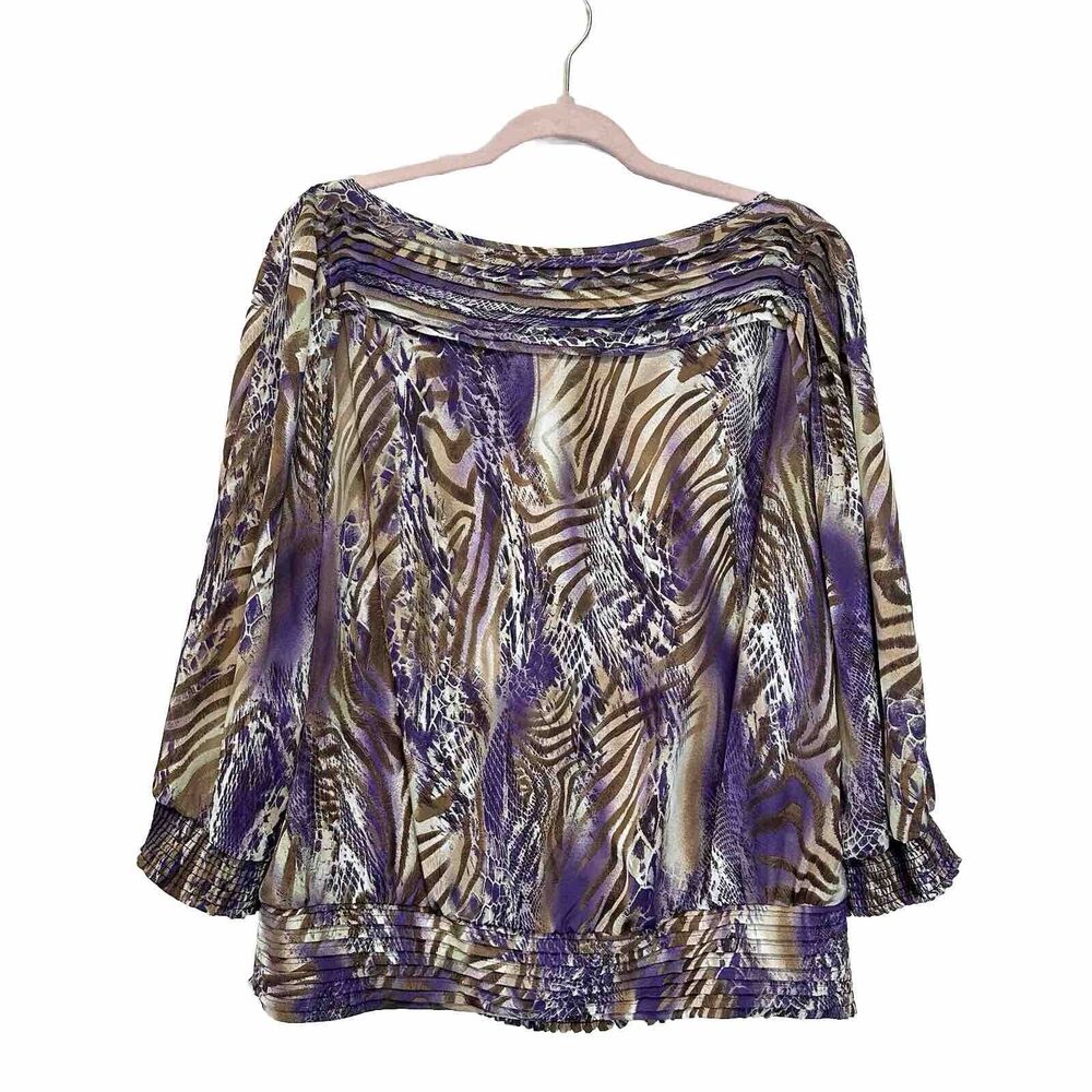Dressbarn 1X Purple Peasant Top Pleated Zebra‎ Sheer Boat Neck Balloon Sleeve